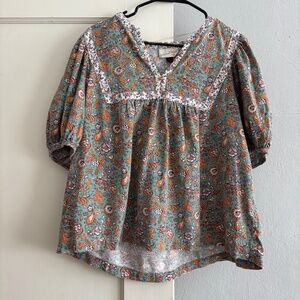 Universal Thread Puff Sleeve Block Print Blouse Size L in Blue/Orange